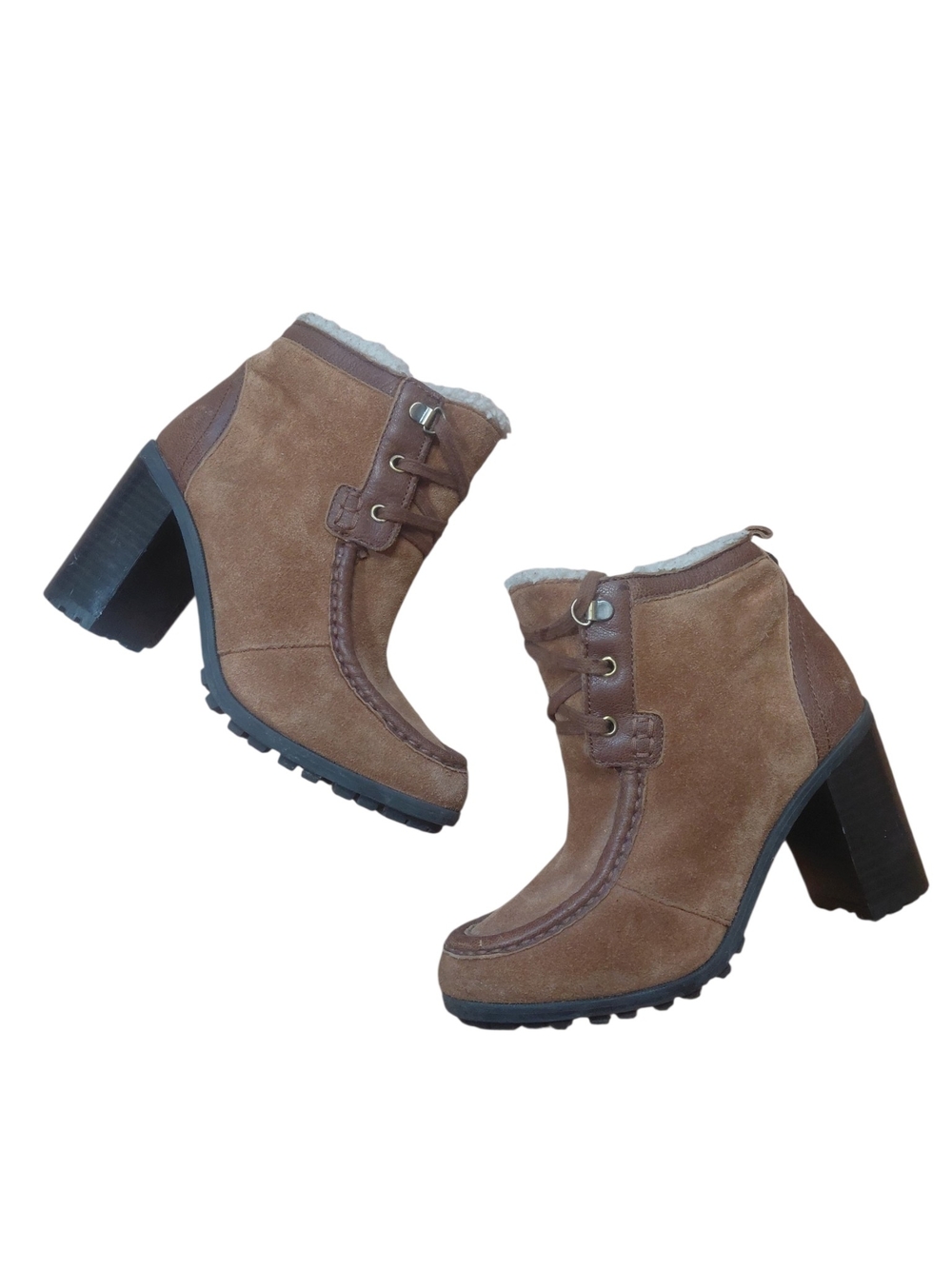 Sam Edelman Brown Suede Sherpa Lace-Up Block Heel Ankle Boots Size 6.5